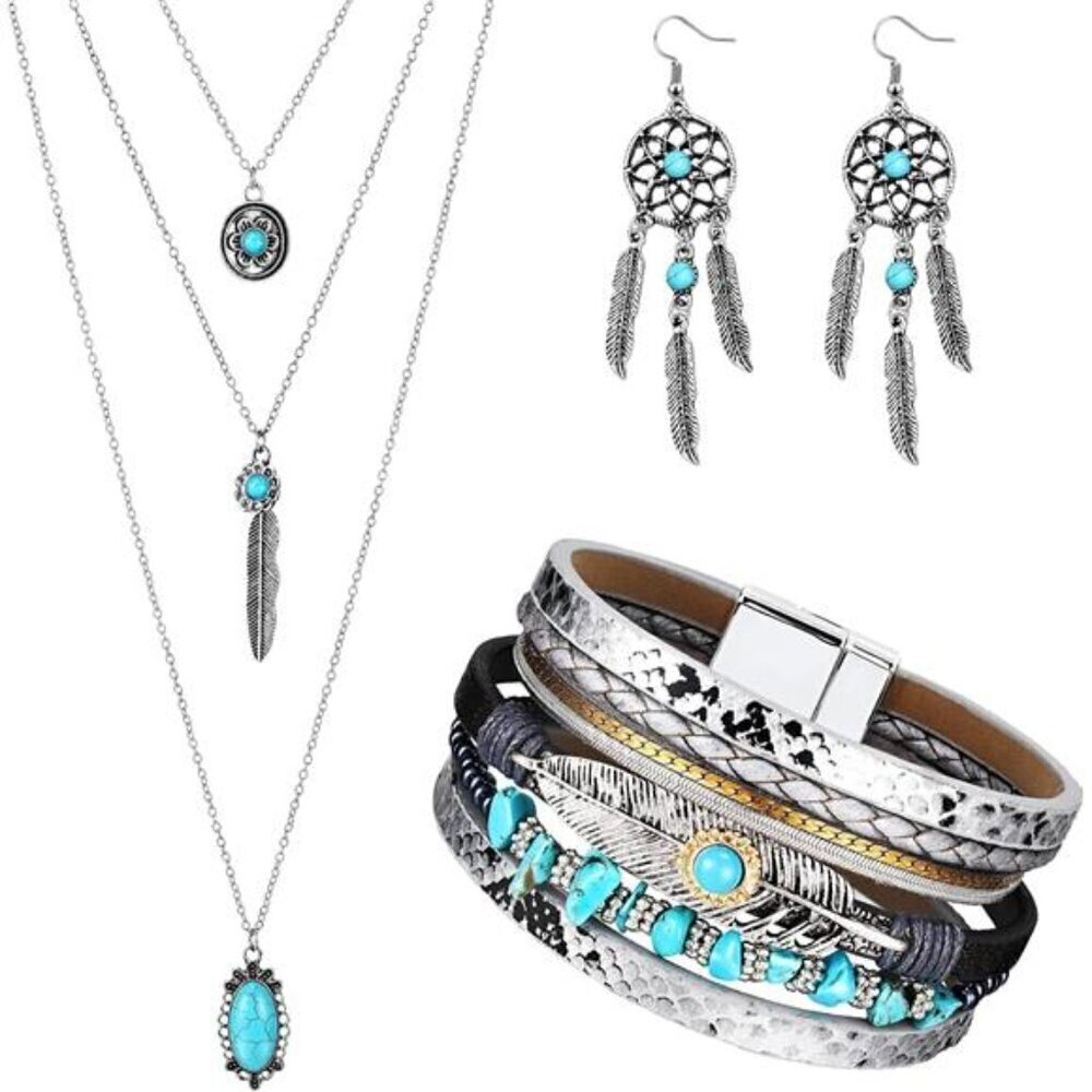 Boho Turquoise Jewelry Set – Dreamcatcher Earrings,  Necklace & Bracelet Set